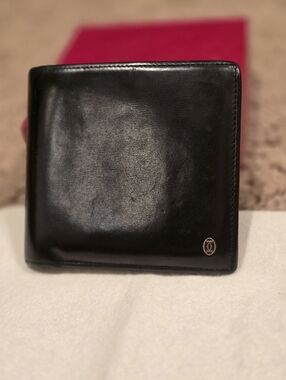 Cartier Bifold wallet Cards Case Holder Black Leather Logo With Box